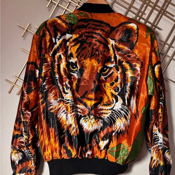 Vibrant Vintage Shiny Tiger Print Bomber Jacket 
Made by High fashion SILK Worm - Picture 2 of 2